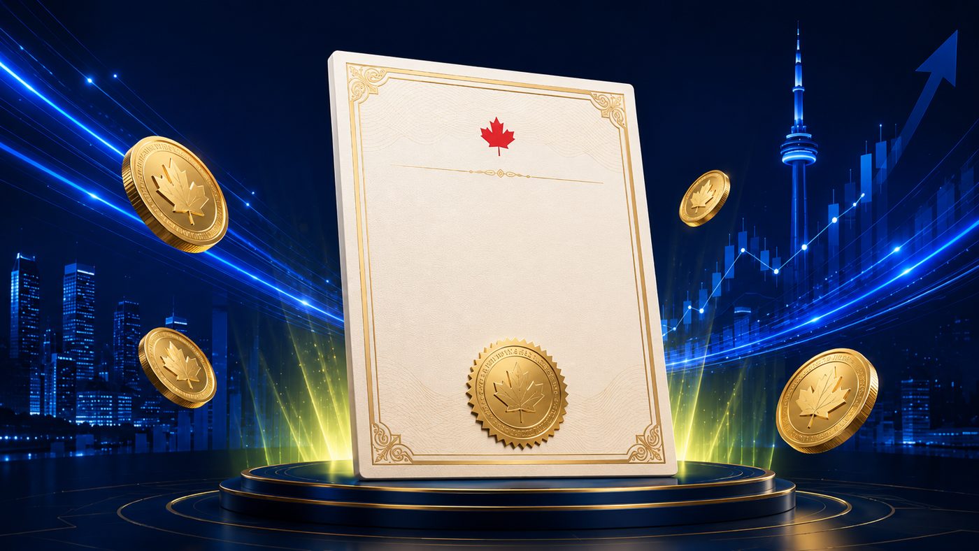 Illustration of a professional certificate with a gold seal and a red maple leaf, surrounded by maple leaf coins