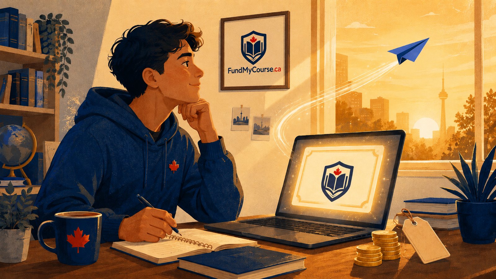 Illustration of a Canadian student at a desk at golden hour, weighing the cost of a Coursera certificate against a career takeoff